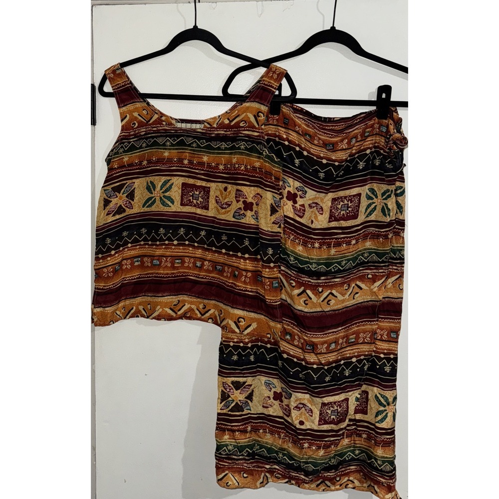 Vtg New York Studio Sz XS/S Silk Tribal Print Tank & Wrap Skirt Boho Artsy